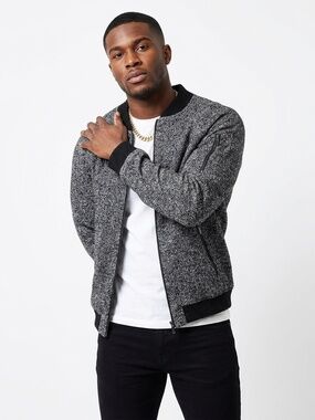 Calvin Klein Men's Medium Grey/Black Wool Blend Full Zip Bomber Jacket